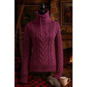LL.Bean Double L Mixed Cable Funnelneck Sweater - Small - Plum, Thick Warm Knit